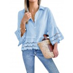 Women's Blue Button-Down Shirt with Bell Sleeves