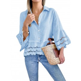 Women's Blue Button-Down Shirt with Bell Sleeves