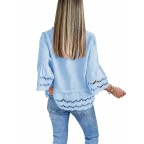 Women's Blue Button-Down Shirt with Bell Sleeves