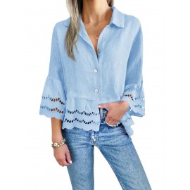 Women's Blue Button-Down Shirt with Bell Sleeves